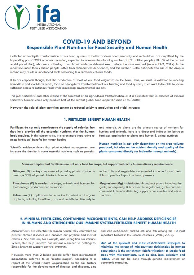 COVID-19 and Beyond Responsible Plant Nutrition for Food Security and Human Health