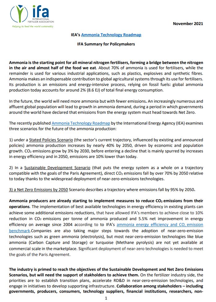 The Ammonia Technology Roadmap: IFA Summary for Policymakers