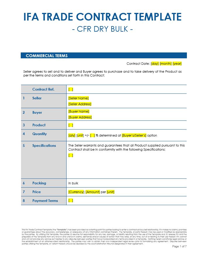 IFA Trade Contract Template – CFR Dry Bulk (Word Format) based on INCOTERMS 2020