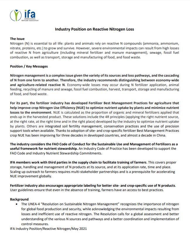 Industry Position Paper on Reactive Nitrogen
