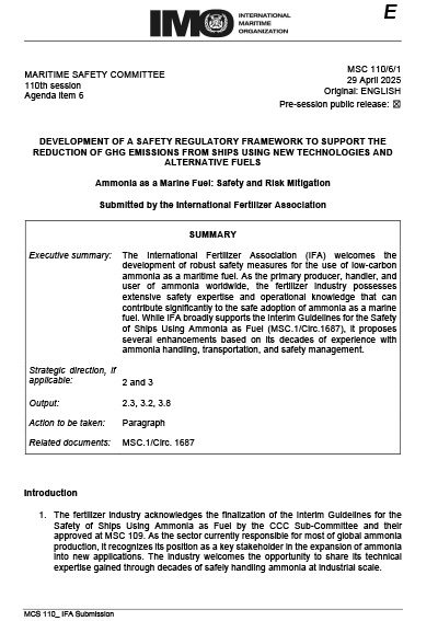 IFA Submission to IMO: Ammonia as a Marine Fuel, Safety and Risk Mitigation