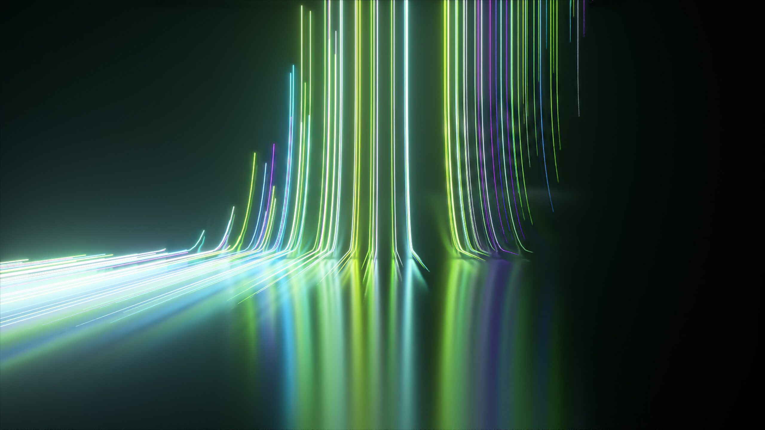 Abstract black background with green blue neon lines go up and disappear. 3d illustration